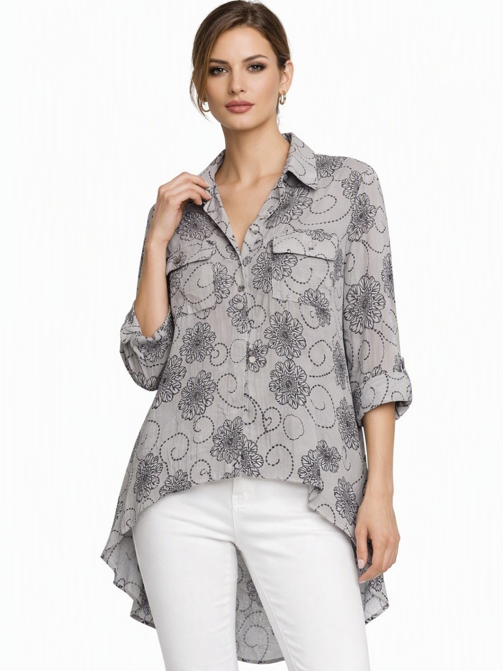 Paisley Vine Grey  Floral Button‑Back Top High Low Tunic Top Size Large